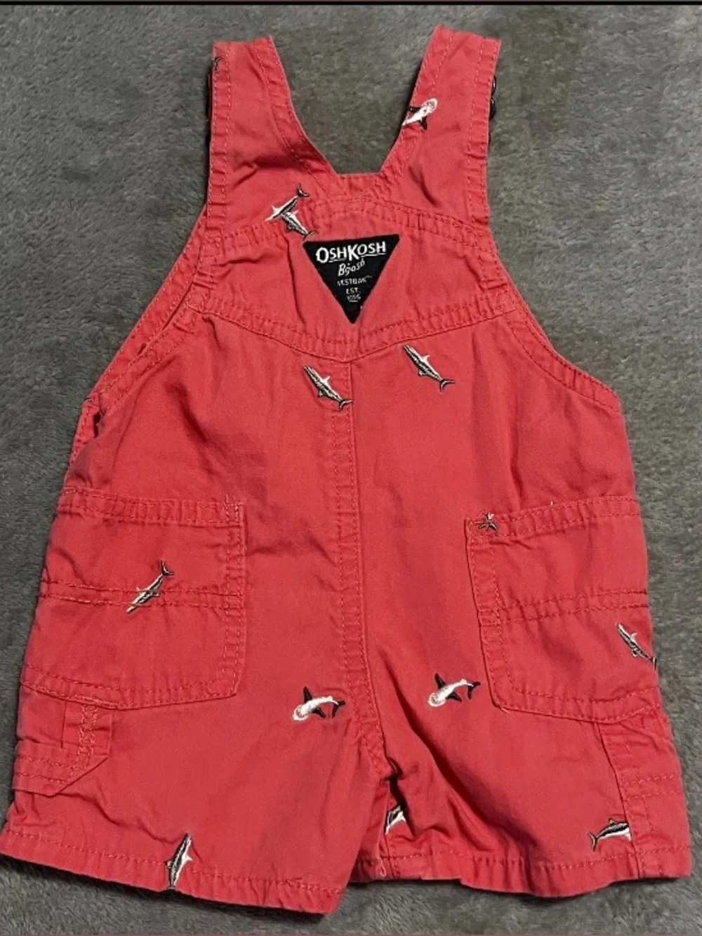 OshKosh B’gosh Vestbak Shorts Overalls Baby Shark Salmon Pink 6 Months